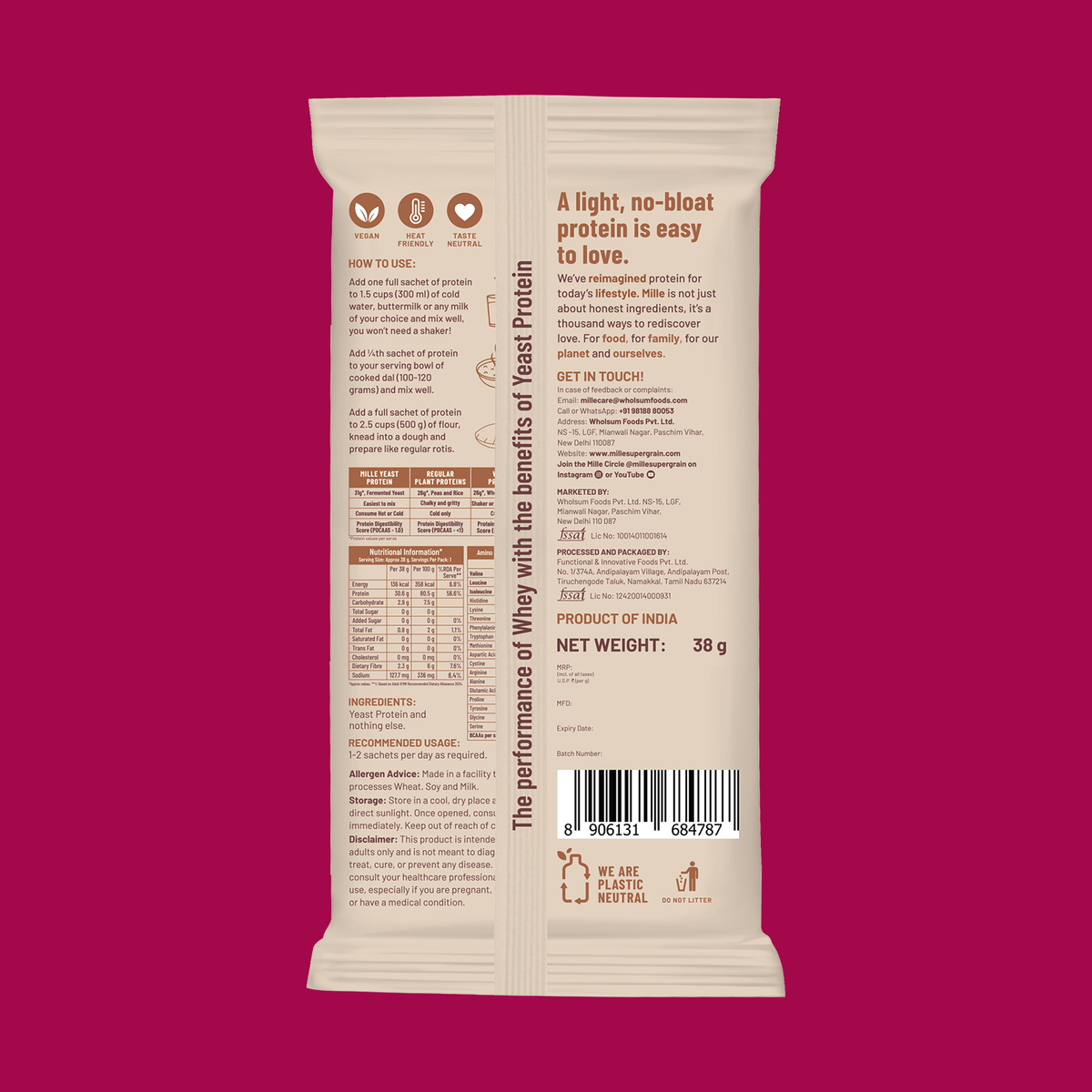 Protein powder package with text and nutrition information on a pink background