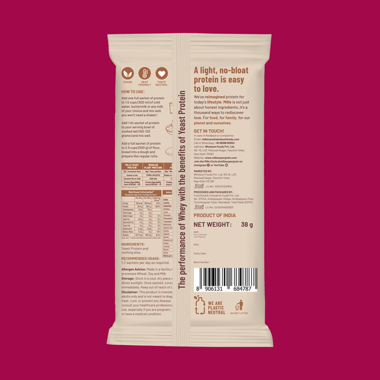 Protein powder package with text and nutrition information on a pink background