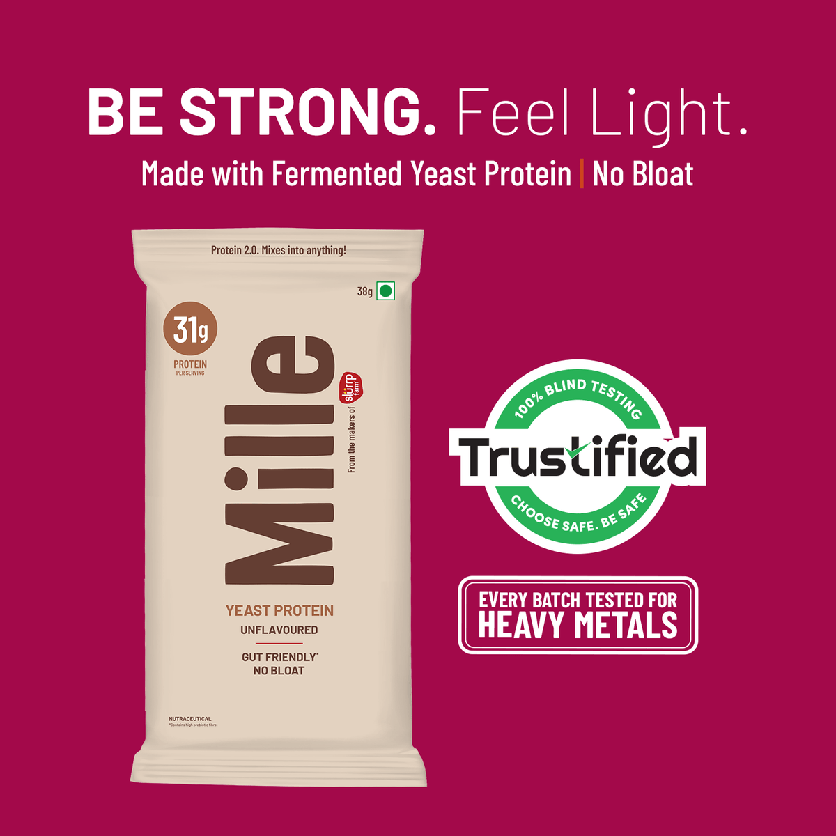 Mille yeast protein package with Trustified logo on a magenta background