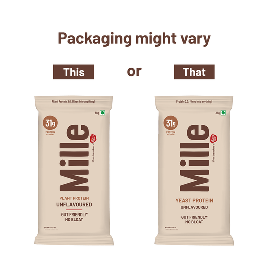 Two Mille protein packaging options on a white background with text indicating variation.