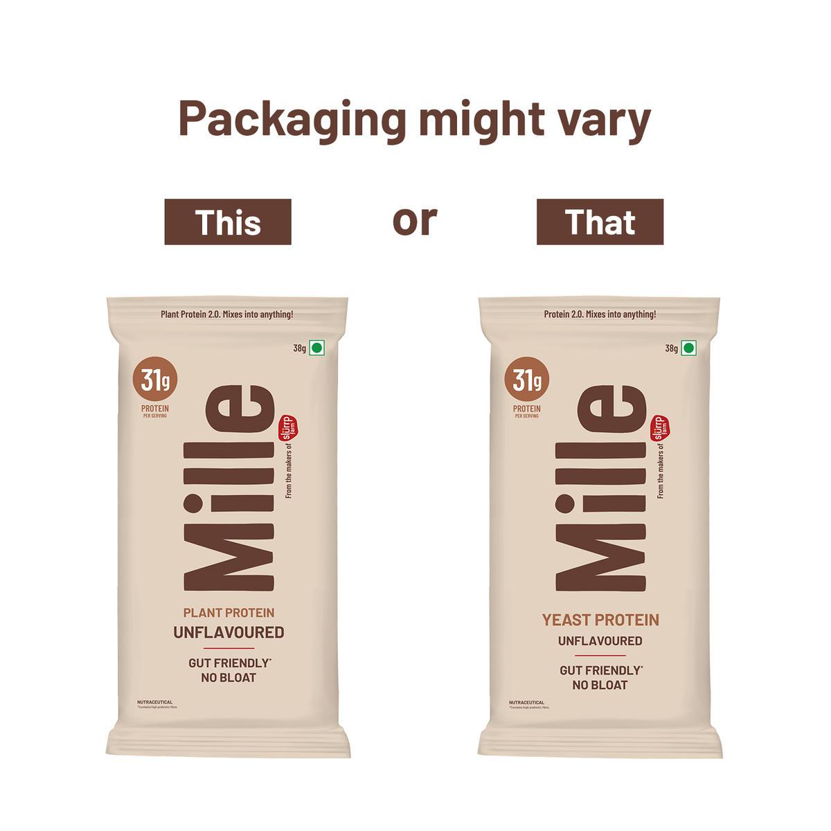 Two Mille protein packaging options on a white background with text indicating variation.
