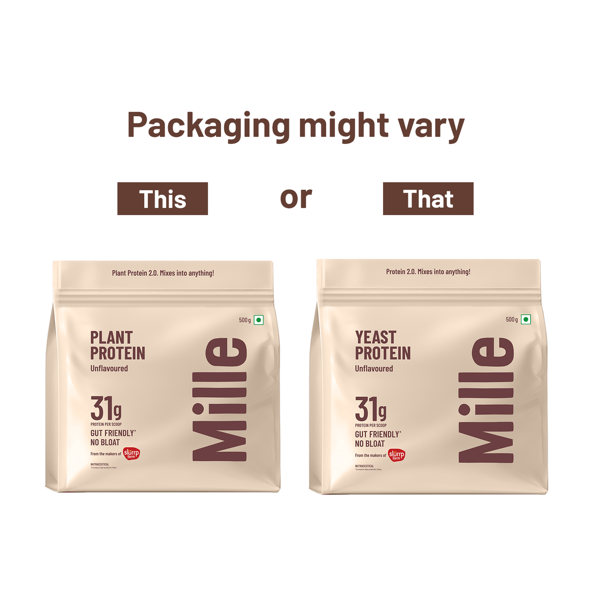 Two Mille protein packaging options on a white background with text indicating possible variations.