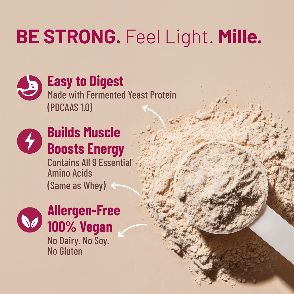 Mille protein powder with scoop and promotional text on a beige background