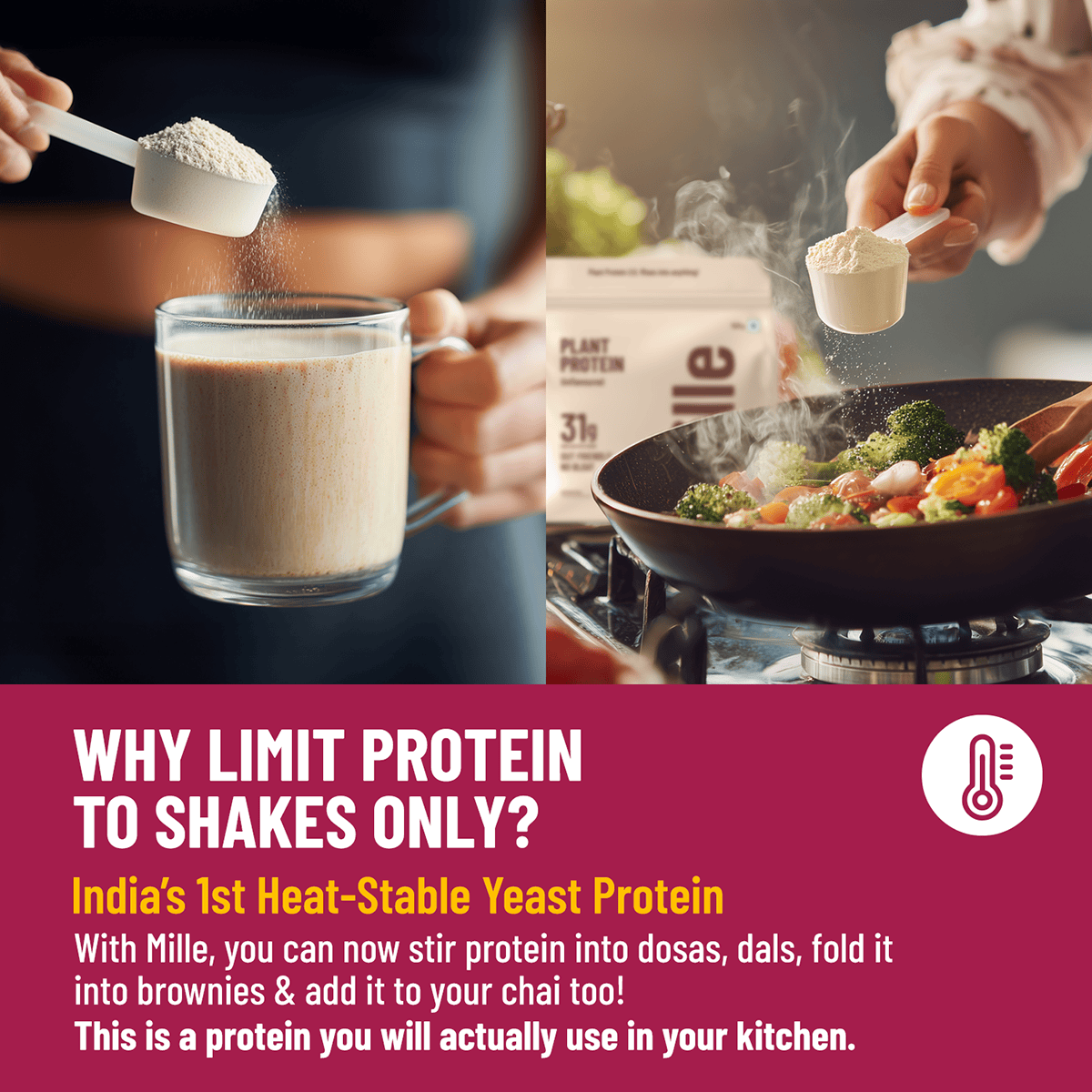 Promotional image of protein being added to a glass and a dish, with text about Mille protein.