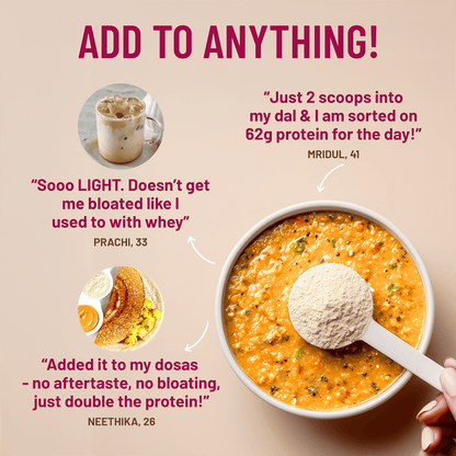 Promotional image of a protein powder scoop being added to a bowl of food with customer testimonials.