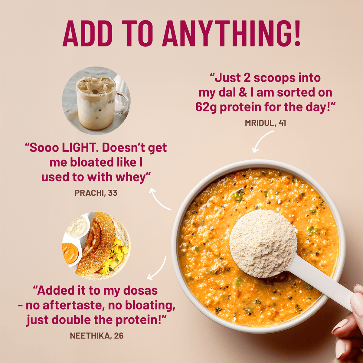 Promotional image of a protein powder scoop being added to a bowl of food with customer testimonials.
