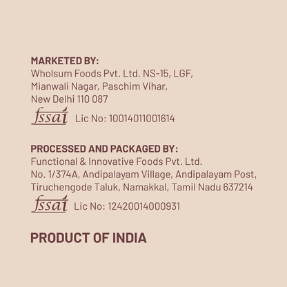 Text detailing the marketing, processing, packaging, and origin of a product on a beige background.