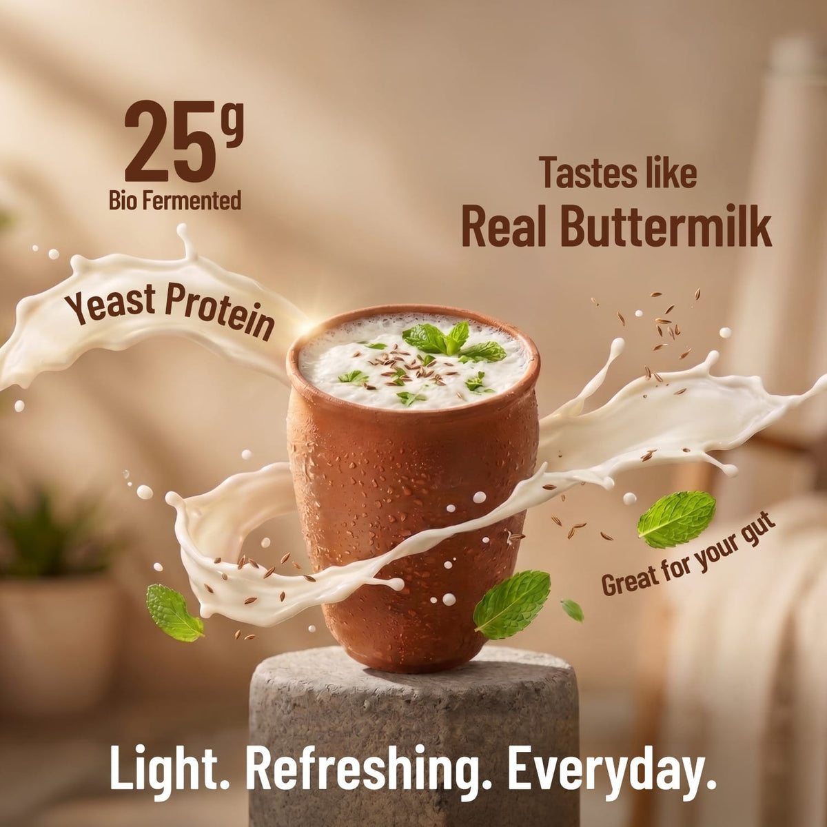 Ceramic cup with a beverage, surrounded by text highlighting yeast protein and buttermilk-like taste.