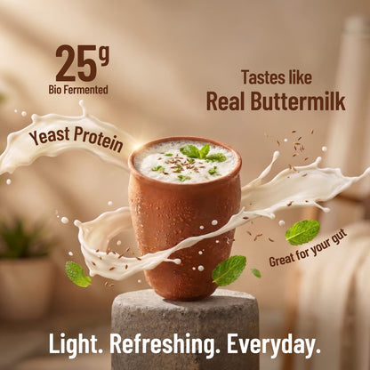 Ceramic cup with a beverage, surrounded by text highlighting yeast protein and buttermilk-like taste.