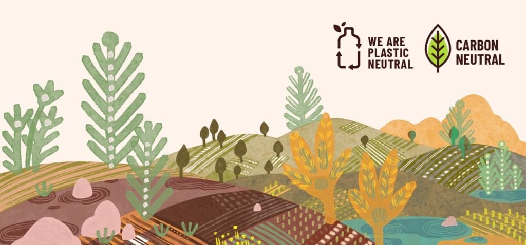 Illustrated landscape with trees and mountains, featuring 'We Are Plastic Neutral' and 'Carbon Neutral' logos.