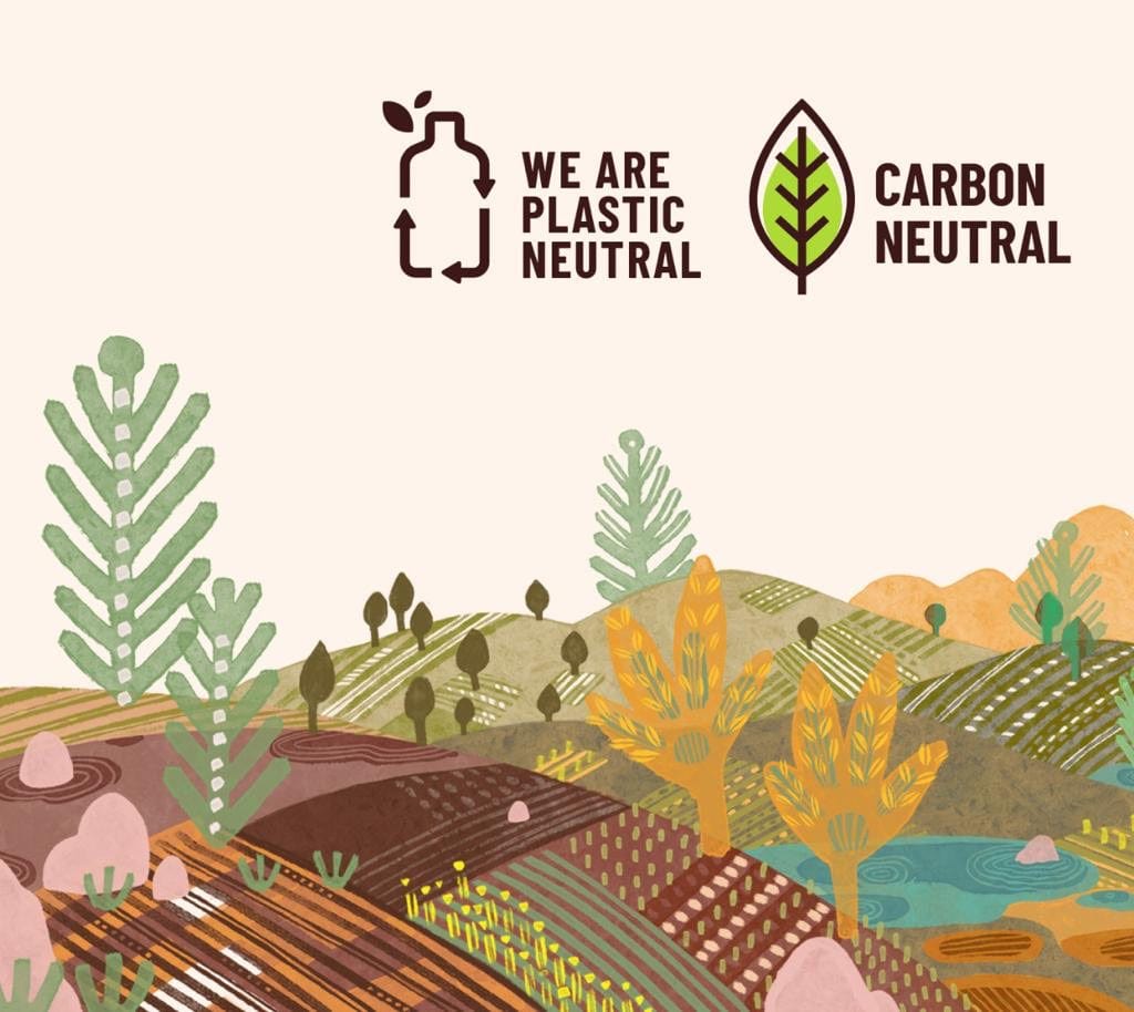 Illustration of a natural landscape with 'We Are Plastic Neutral' and 'Carbon Neutral' logos.