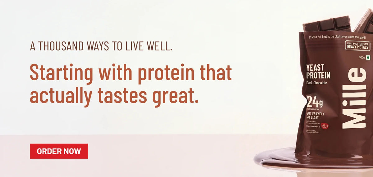 Mille yeast protein powder package with promotional text on a light background